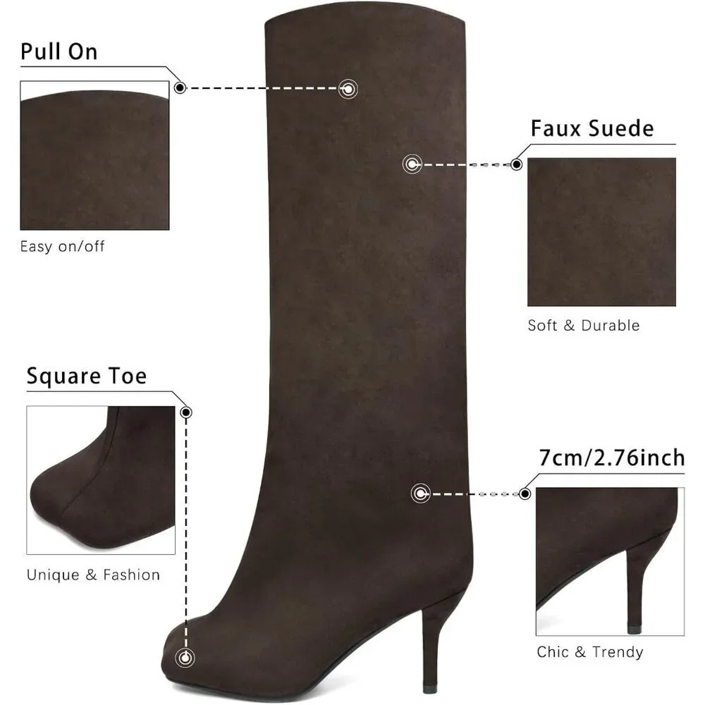 Women's Brown Wide Calf Square Toe Stiletto Heels Knee High Suede Boots